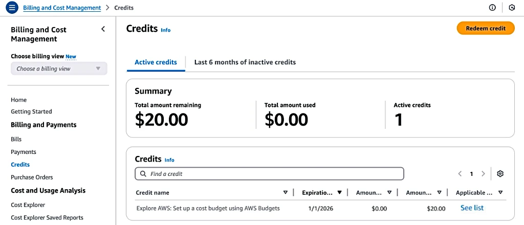 Verificando os créditos disponíveis no Gerenciamento de Custos AWS